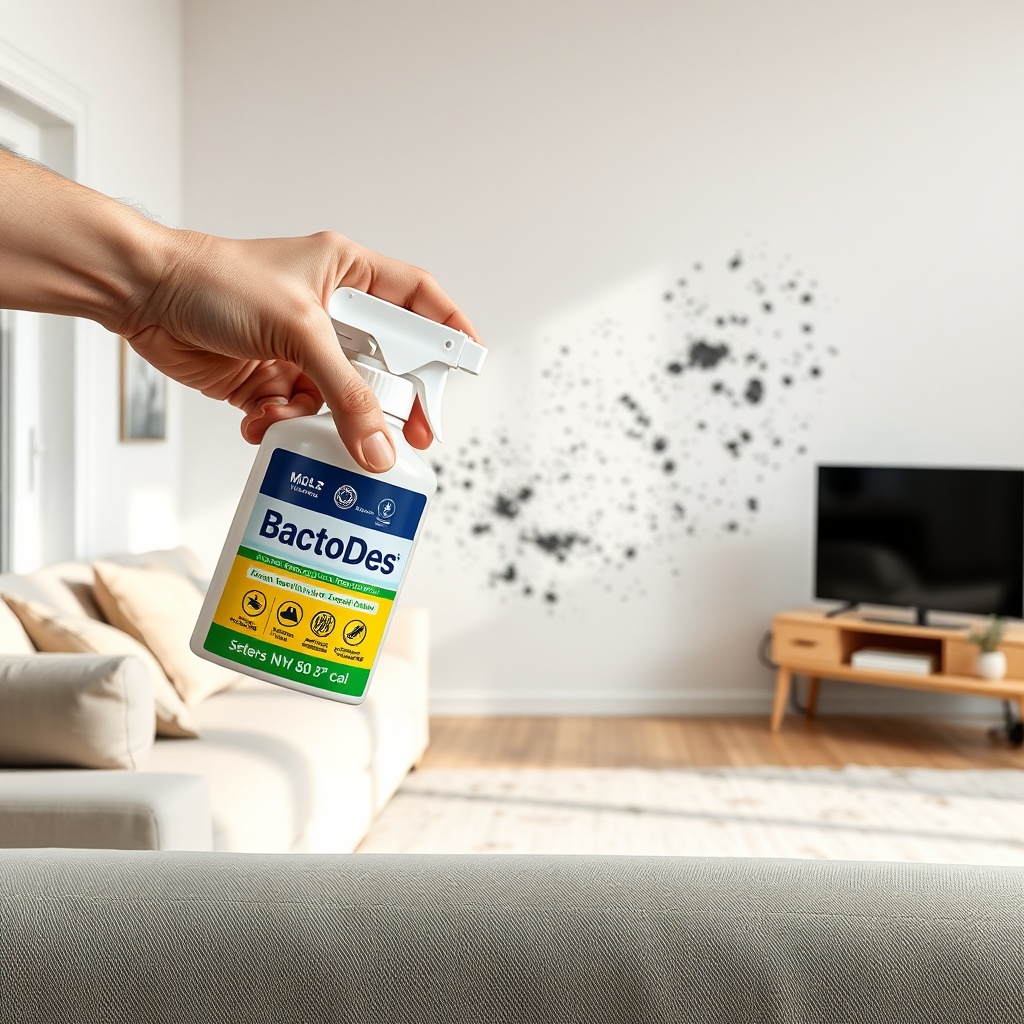 <clean photorealistic photo of a hand spraying BactoDes onto a beige Raufaser tapete with