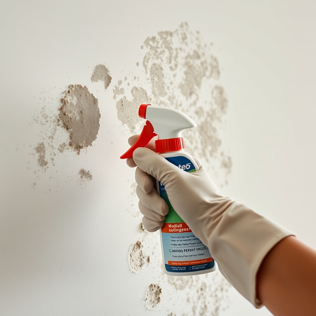<clean photorealistic photo of a person wearing gloves spraying BactoDes on a wall with mo