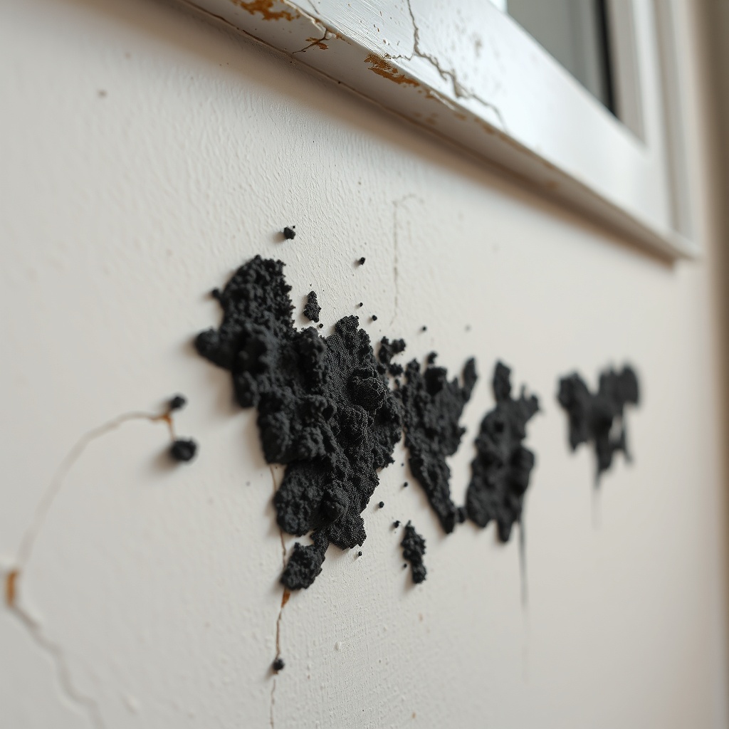 A close-up photorealistic photo of black mold growing on a damp