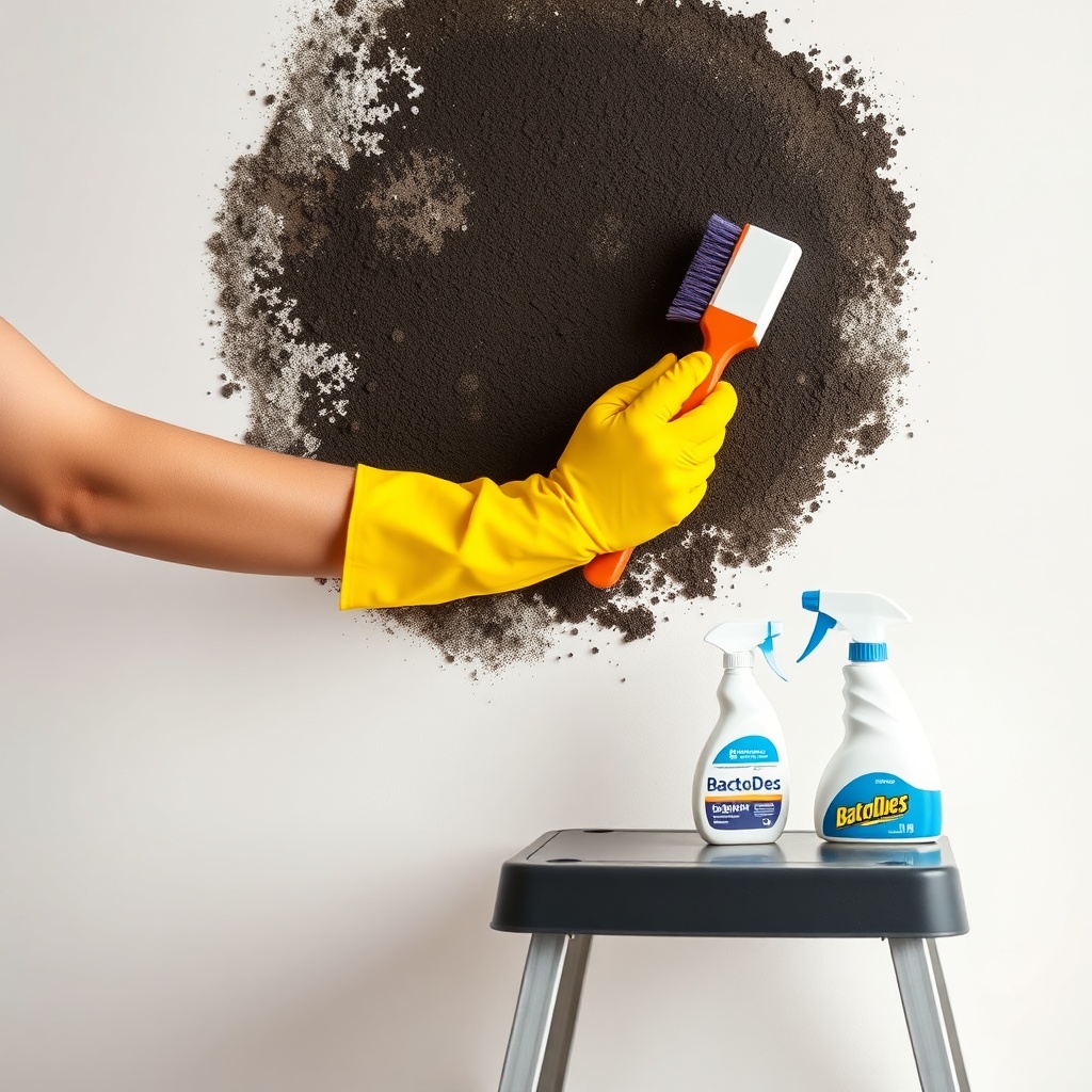 A photorealistic photo of a person wearing yellow rubber gloves scrubbing a black mold pat