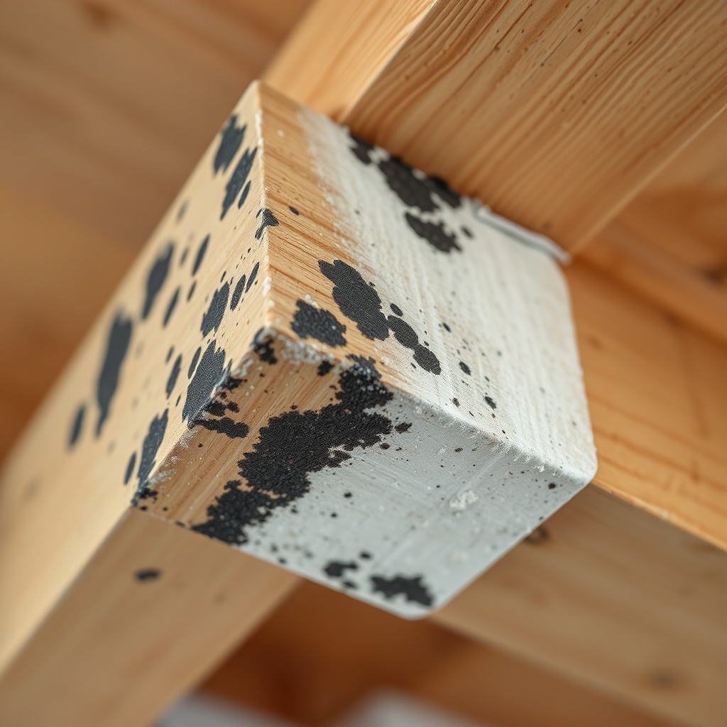 A close-up photorealistic photo of a wooden beam with visible black mold spots