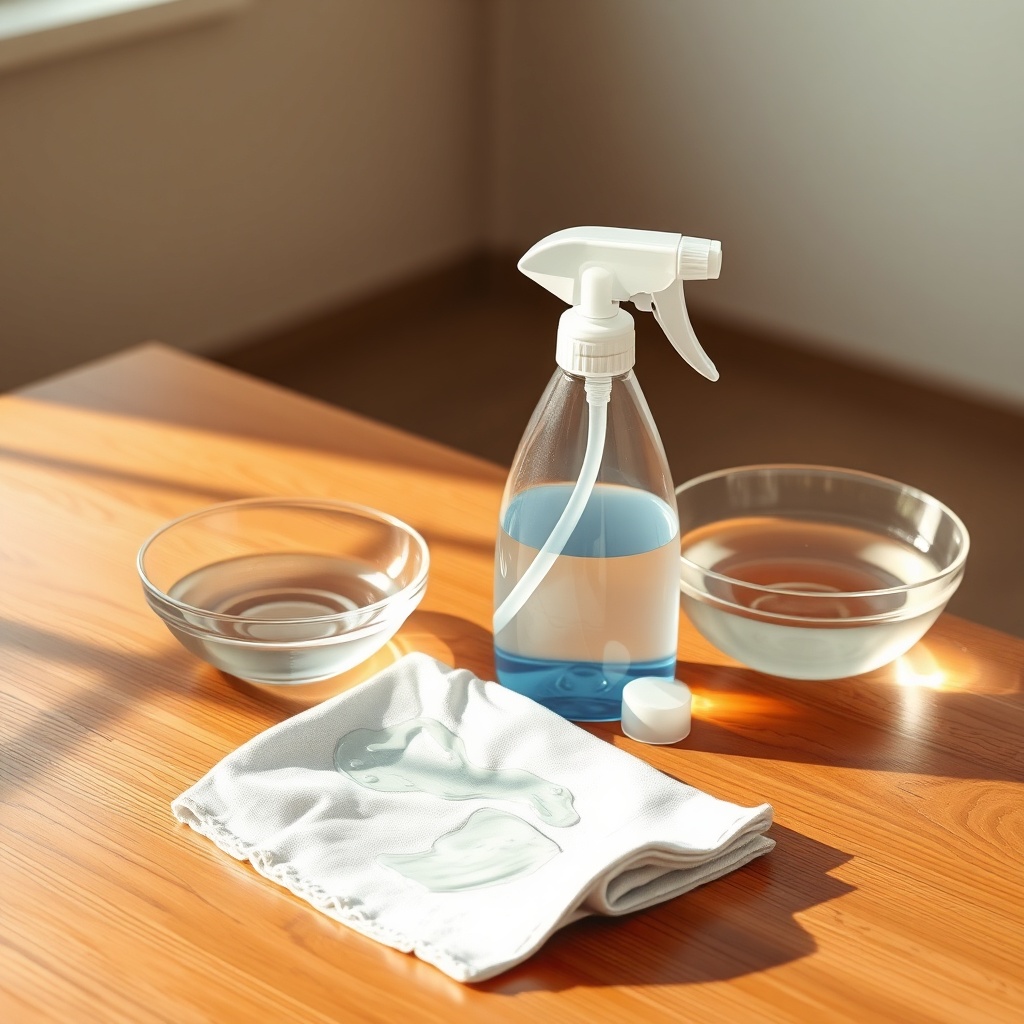 A clean photorealistic illustration showing a spray bottle and a wet cloth on a wooden tab