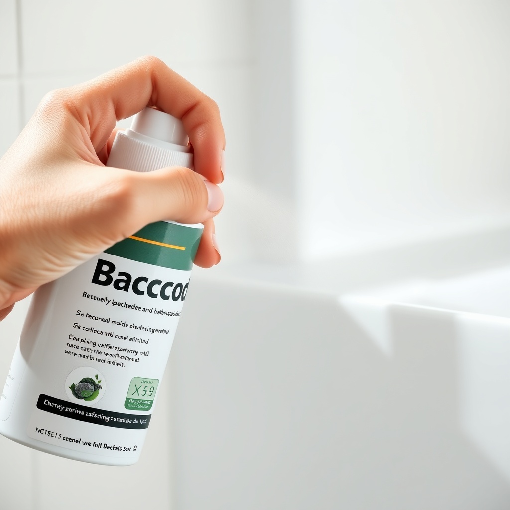 A photorealistic close-up shot of a woman's hand spraying Bactodes onto a white silicone b