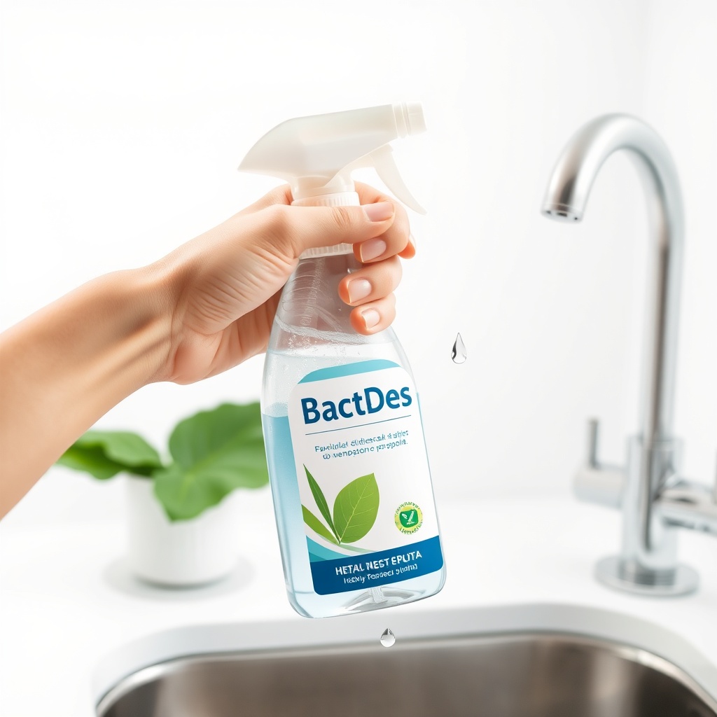 A clean photorealistic photo of a hand holding a BactoDes spray bottle over a kitchen sink