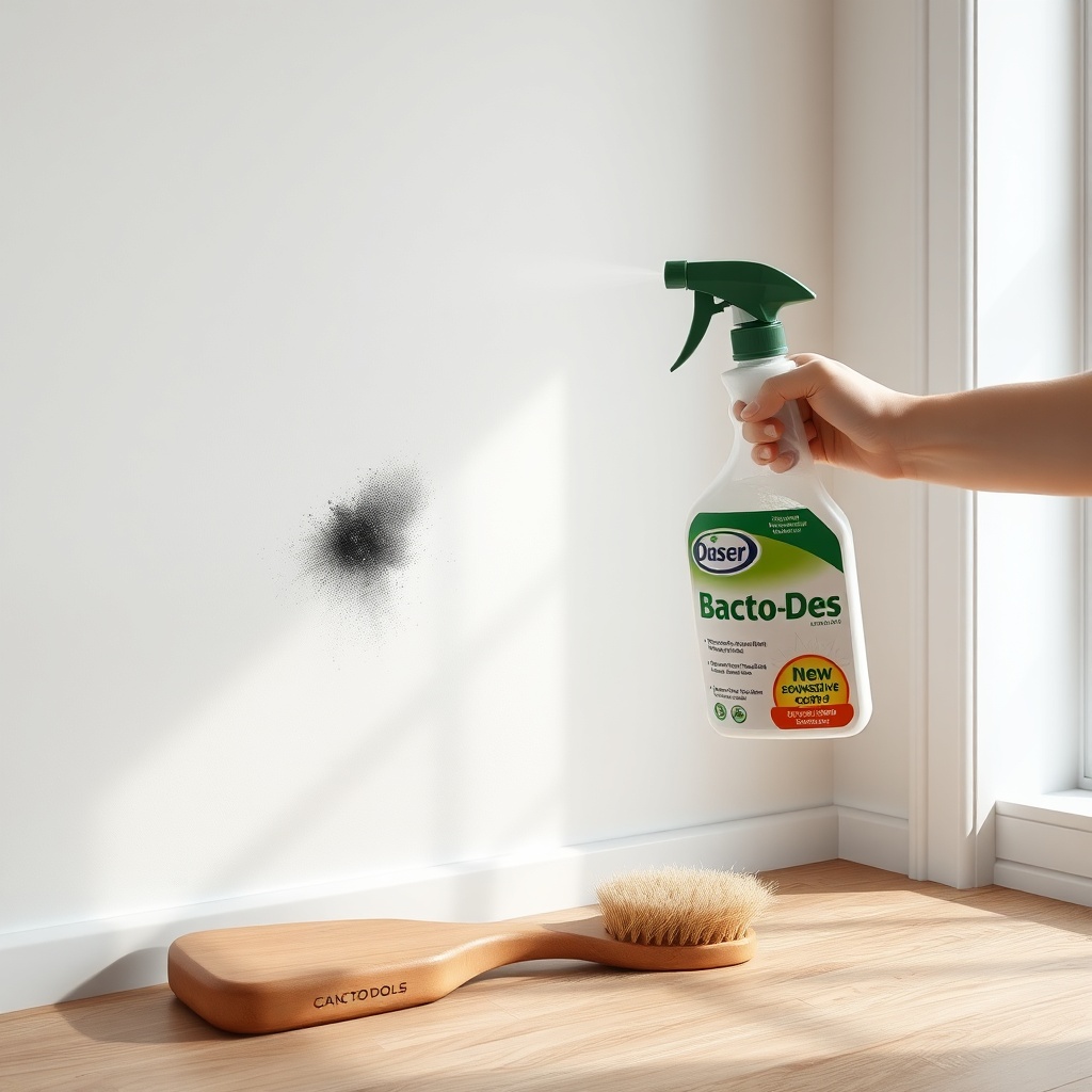 A clean photorealistic photo of a white wall with a small dark mold spot being sprayed by