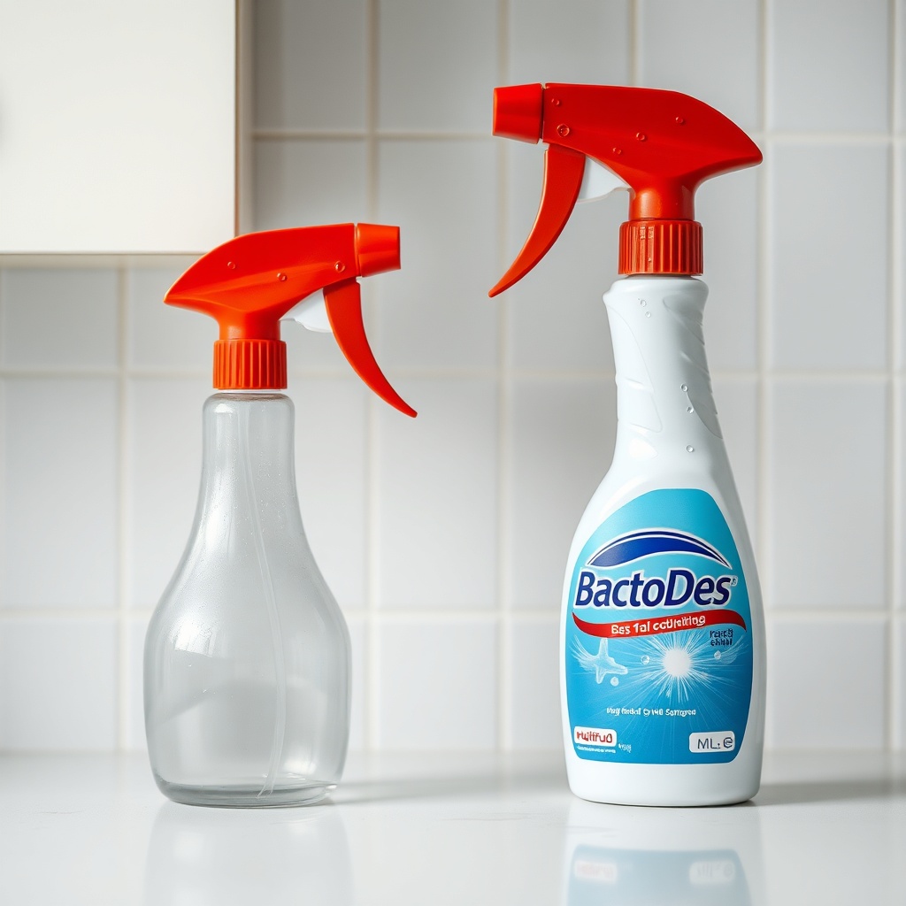 A photorealistic macro shot of two spray bottles side-by-side on a white kitchen counter