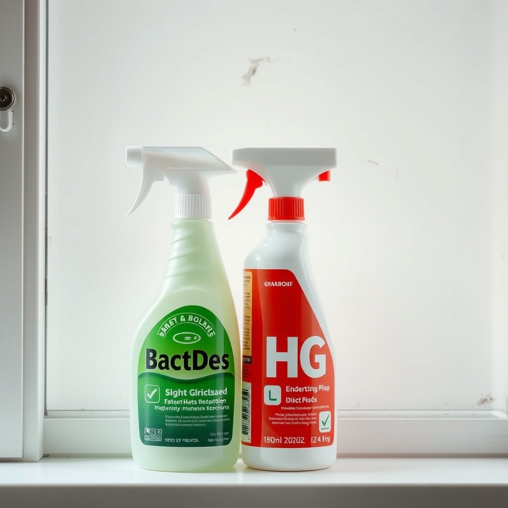 A close-up photorealistic photo of two spray bottles standing side by side on a windowsill