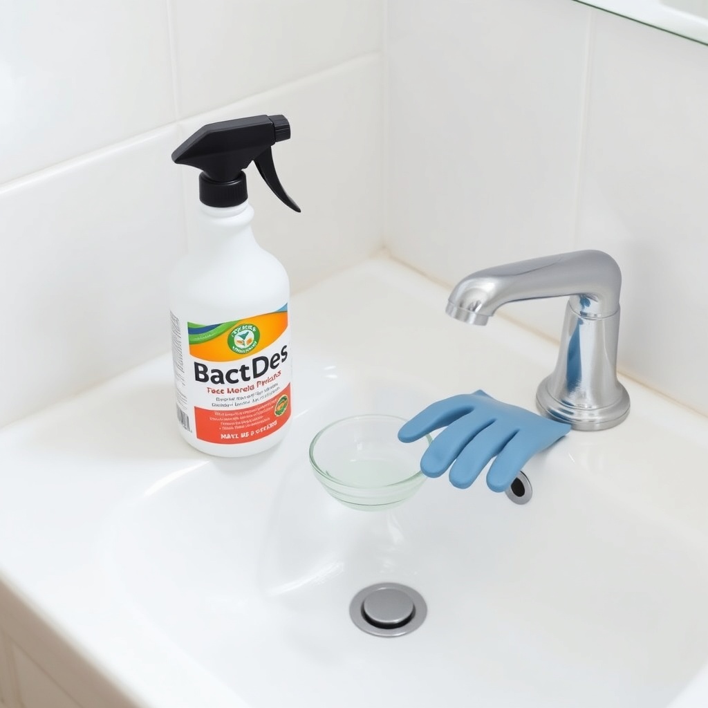 A photorealistic image of a clean white sink with a spray bottle of BactoDes and a small b