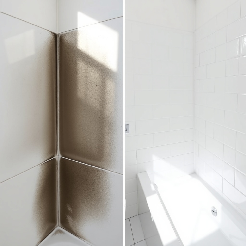 A side-by-side comparison photo showing a bathroom corner before and after treatment with