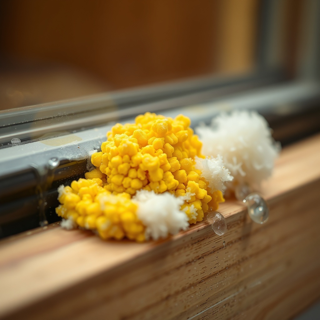 Close-up photo of a yellow mold colony on a damp wooden window sill
