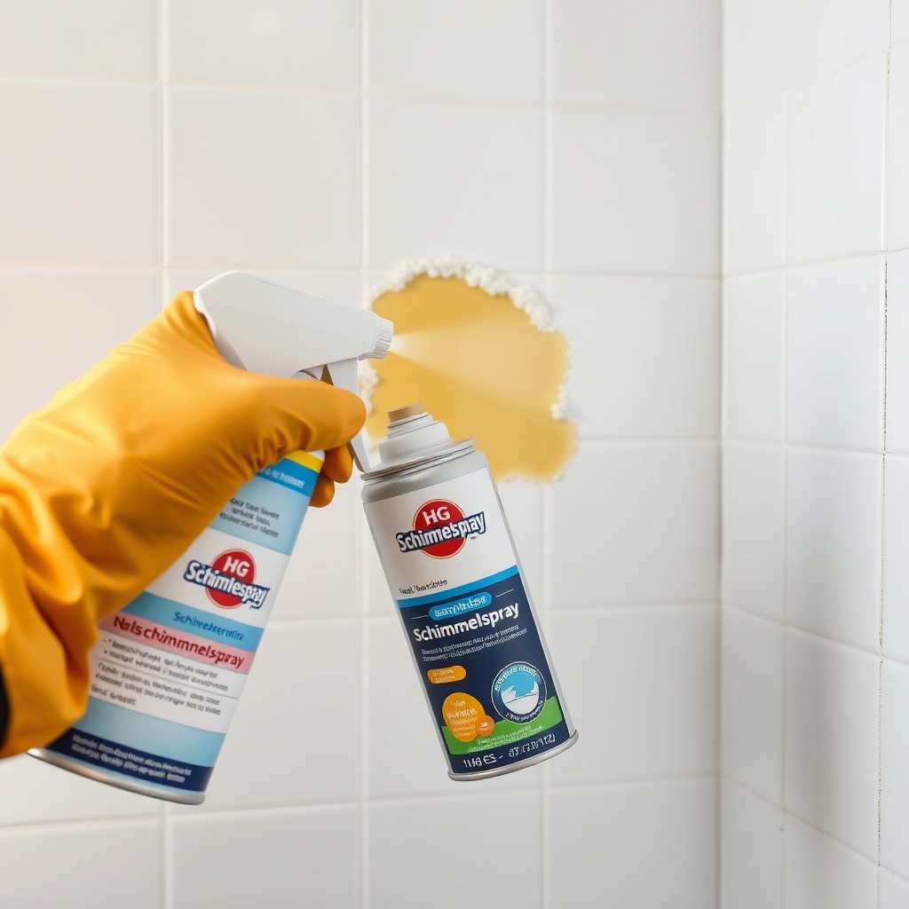 A person in rubber gloves spraying HG Schimmelspray onto a yellow mold spot on a white wal