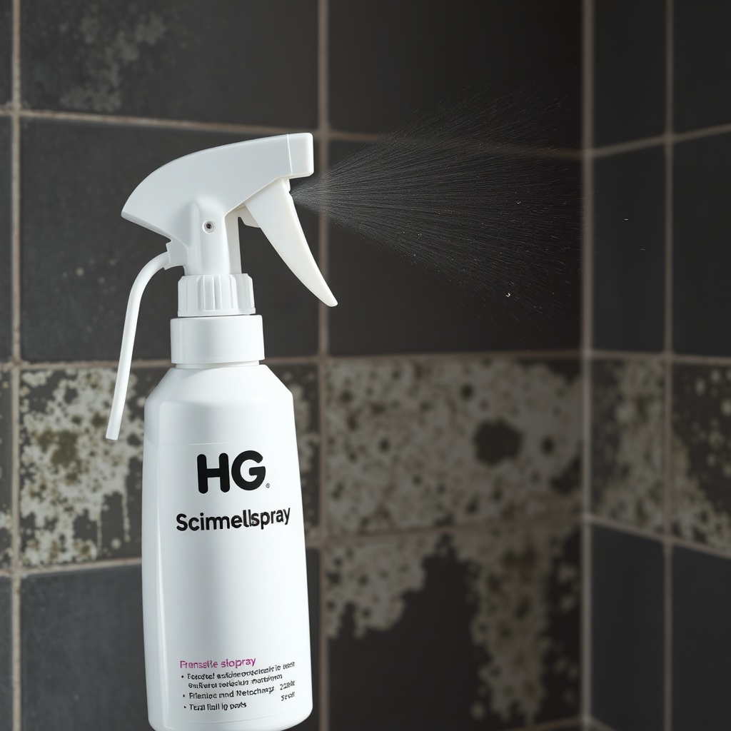 A close-up photorealistic photo of a white HG Schimmelspray bottle being sprayed onto a da