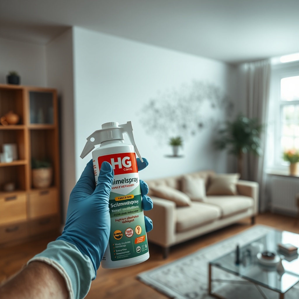A clean photorealistic photo of a person wearing gloves holding HG Schimmelspray bottle