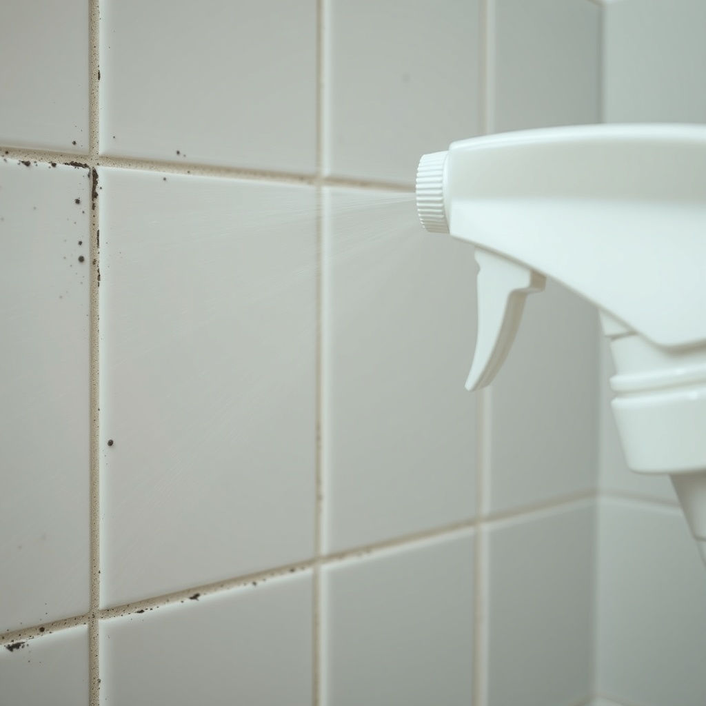 A close-up photorealistic image of a spray bottle nozzle spraying a fine mist onto a damp