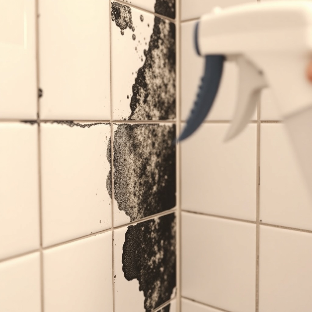 Close-up of a bathroom wall with black mold on tile grout and silicone joints