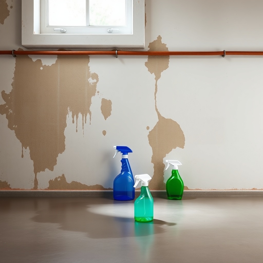 A professional-looking photo of a cellar wall with visible water damage and patches of mol