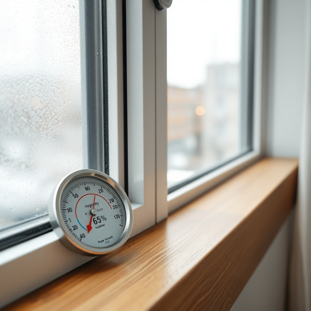 A photorealistic photo of a hygrometer showing 65% humidity next to a window with slight c