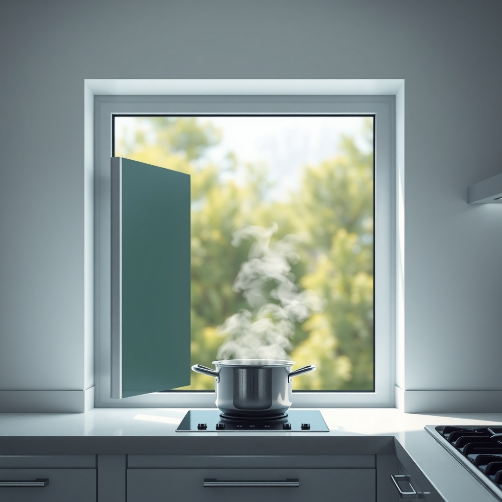 A photorealistic image of a modern kitchen with steam rising from a pot