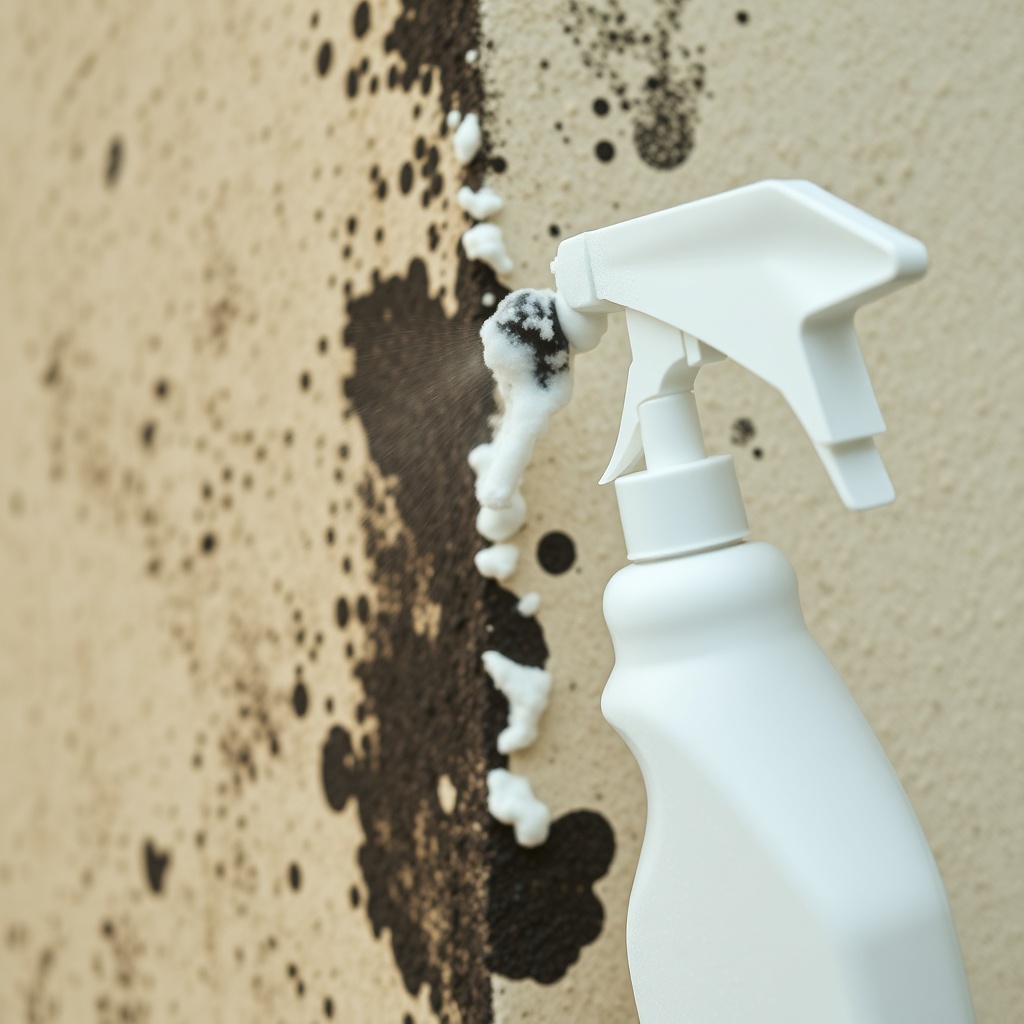 A close-up macro shot of a rough beige mineral plaster facade with black mold spots being