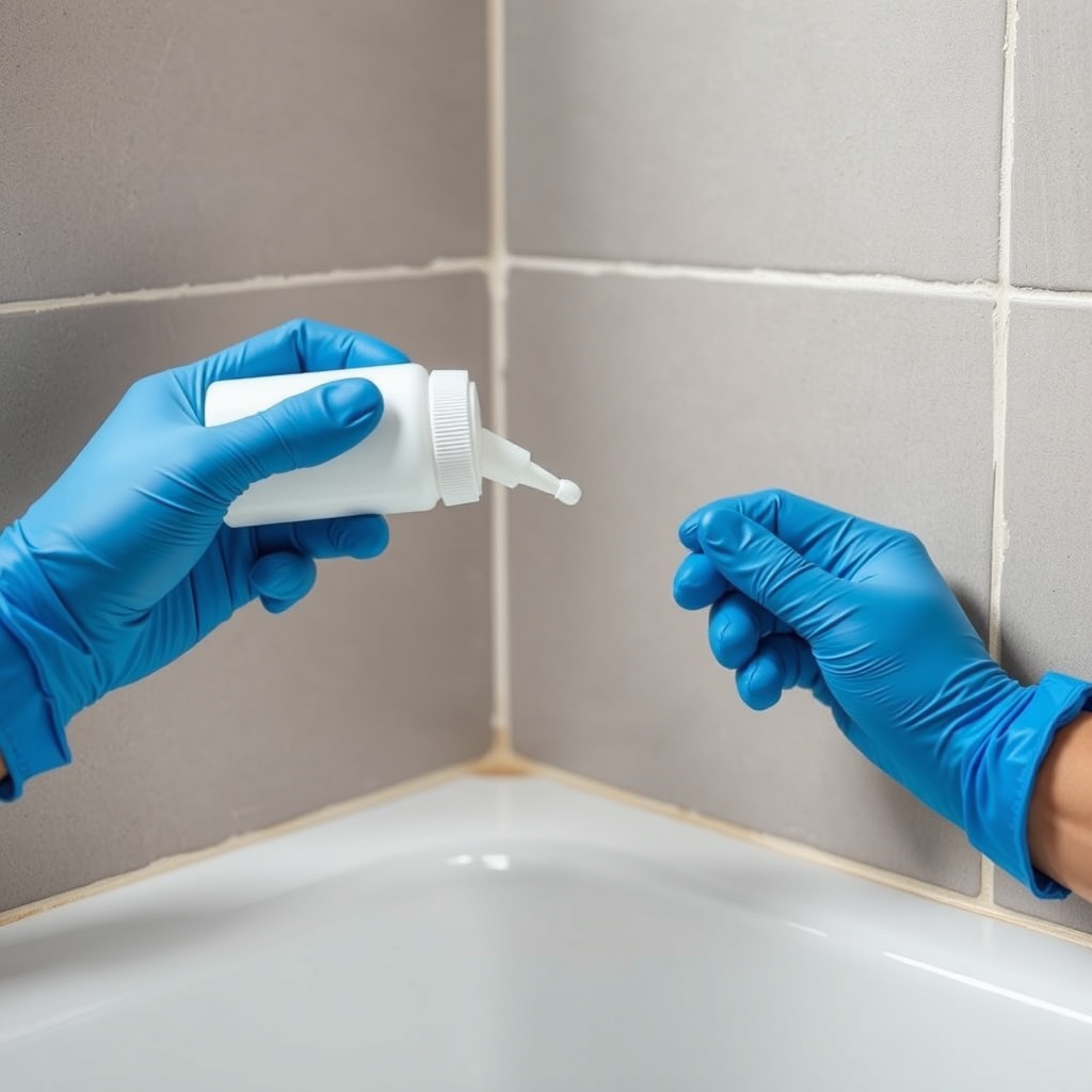 A photorealistic image of a pair of gloved hands carefully applying a thick white gel from