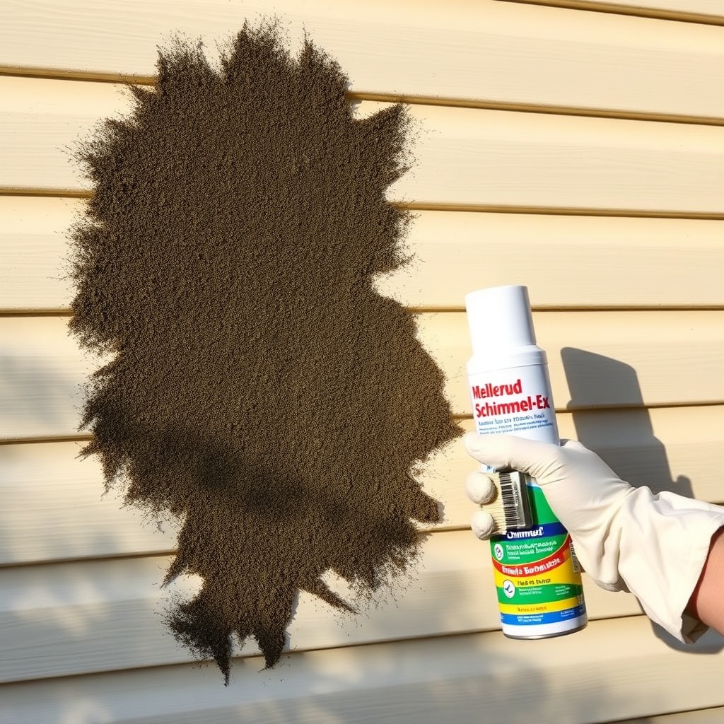 A photorealistic outdoor shot of a beige house wall with a dark greenish-black mold patch