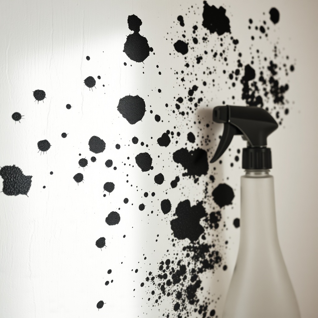 A close-up photorealistic photo showing black mold spots (Stachybotrys chartarum) on a whi