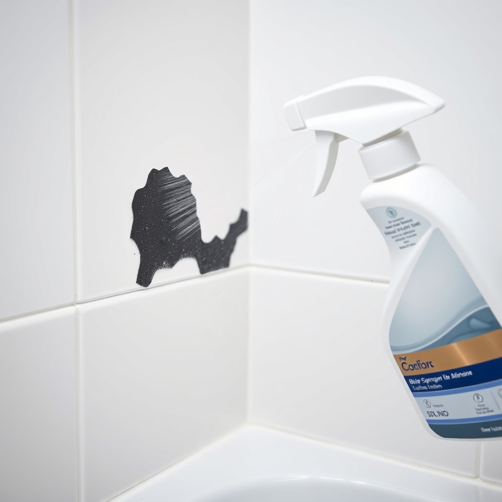 A clean photorealistic photo of a bathroom corner with a white spray bottle of cleaner bei