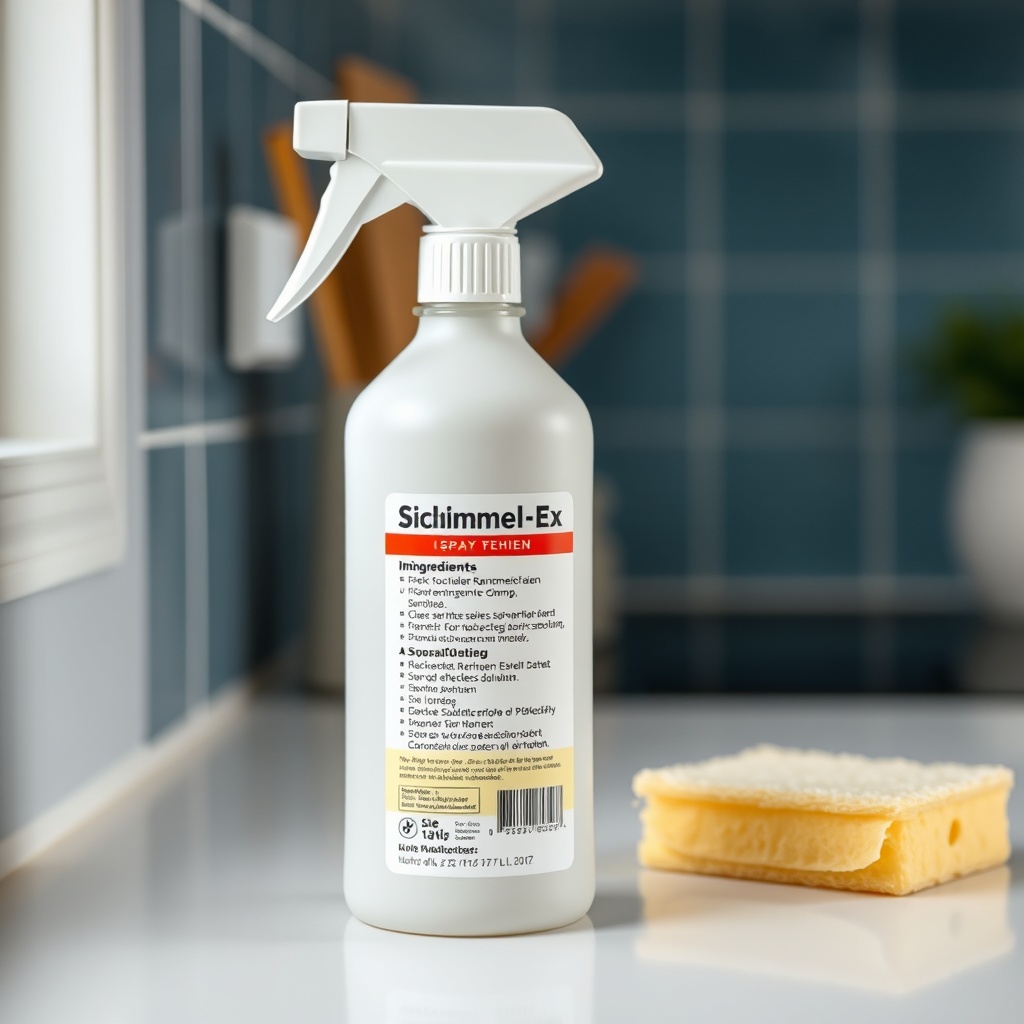 A photorealistic close-up photo of a Mellerud Schimmel-Ex spray bottle with a label showin