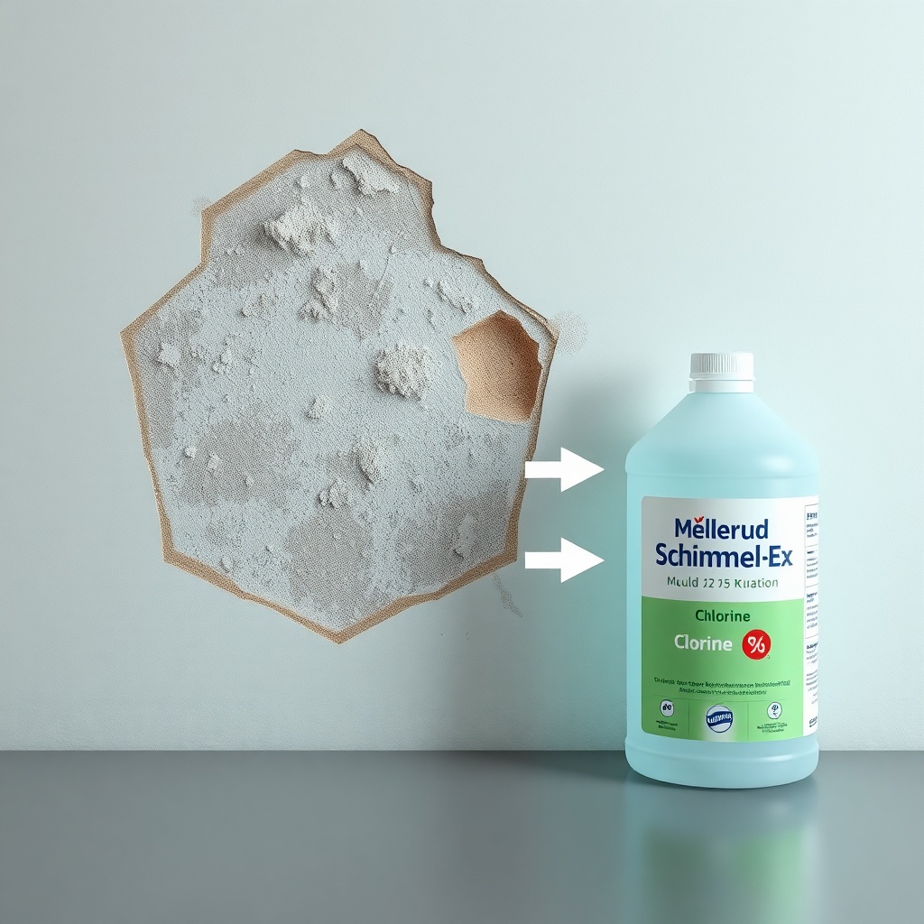 A photorealistic illustration showing a cross-section of a typical wall with mould on plas