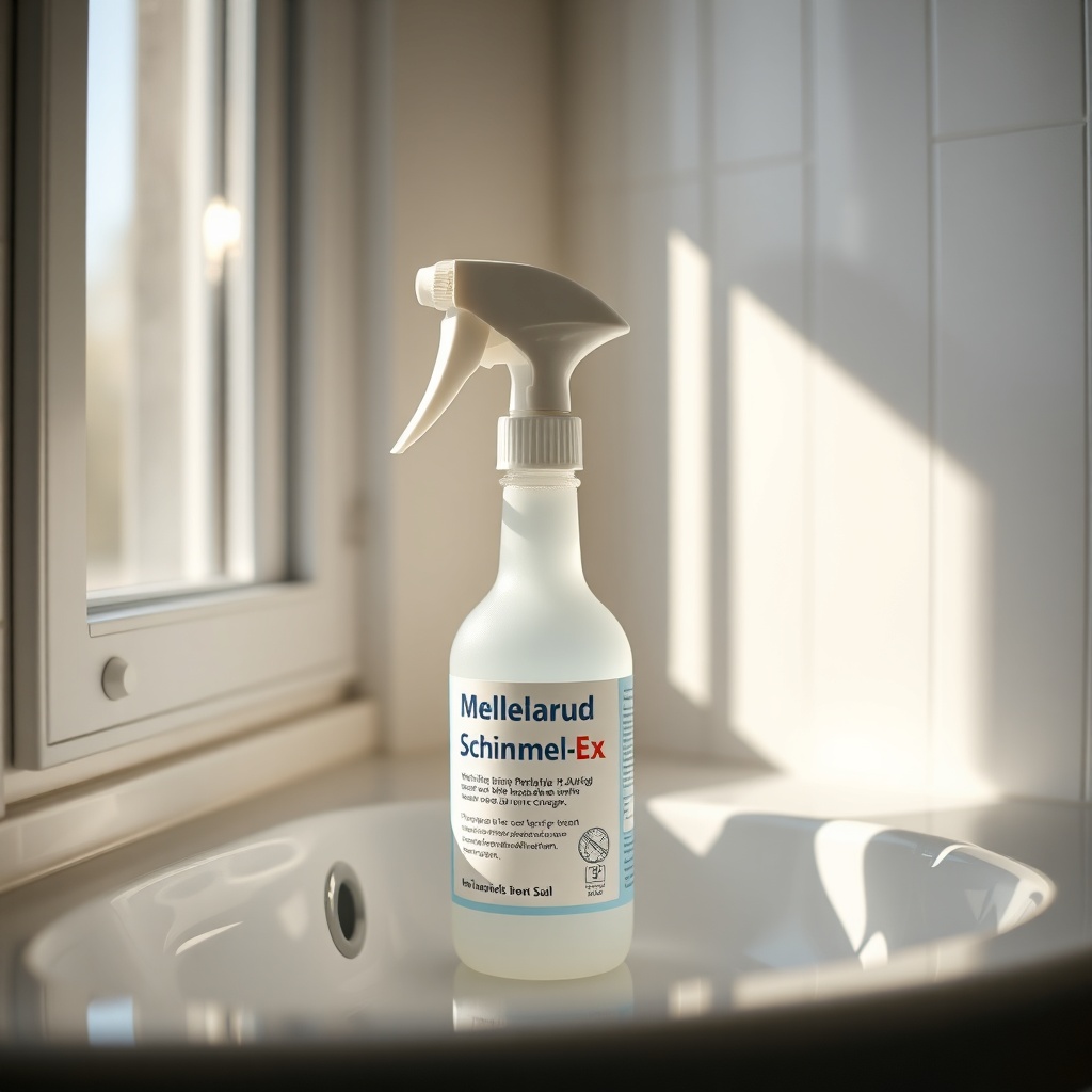 A photorealistic photo of a spray bottle of Mellerud Schimmel-Ex with a measuring cap on t