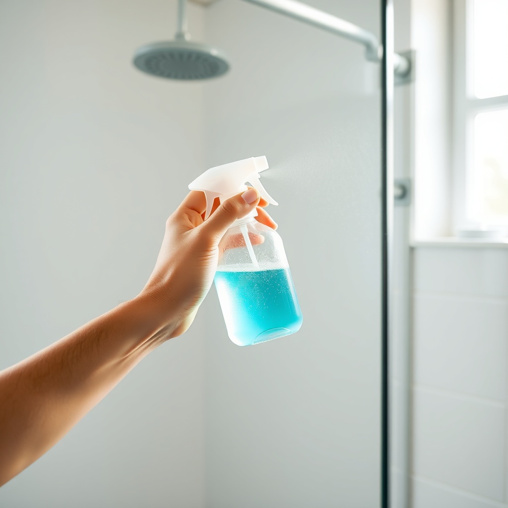 A photorealistic photo of a person lightly misting a spray bottle containing a blue-green