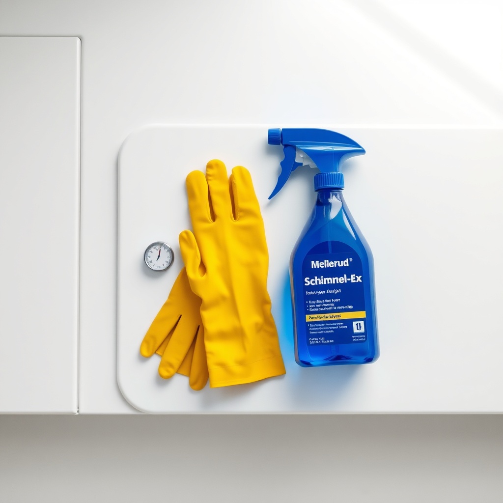 A cleanly styled flat-lay photograph on a white ceramic surface showing a blue Mellerud Sc