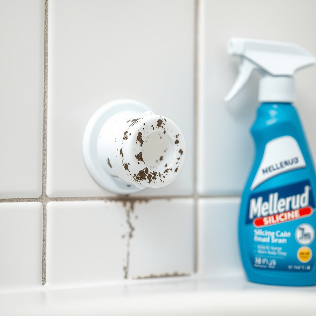 A photorealistic close-up shot of a white bathroom silicone joint with black mold stains