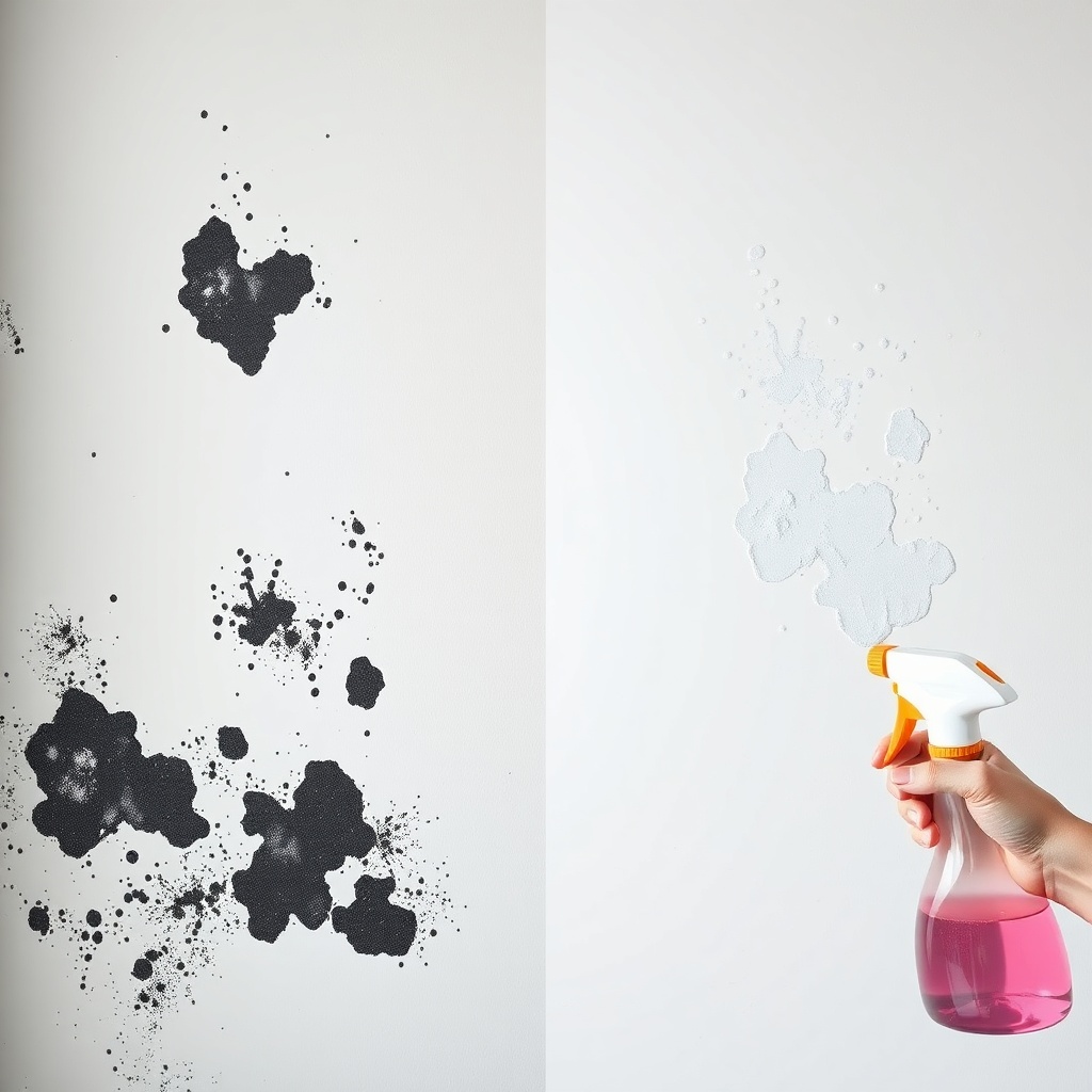 A photorealistic split image showing on the left a wall with black mold patches and on the