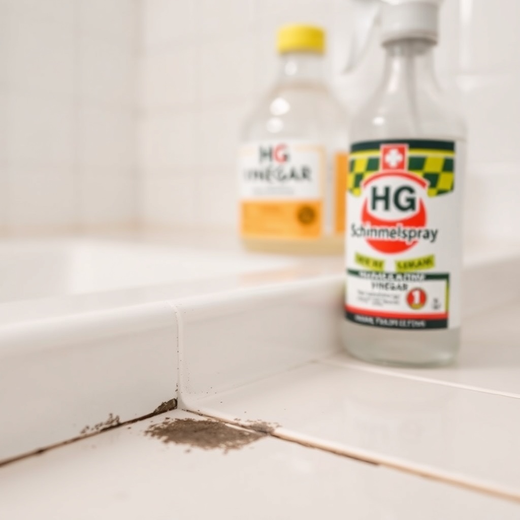 Close-up of a white bathroom tile with a small patch of black mold next to a transparent s