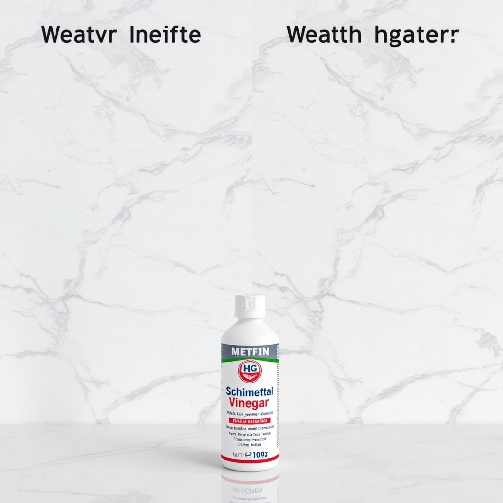 Photorealistic side-by-side comparison of a clean marble surface next to the same marble e