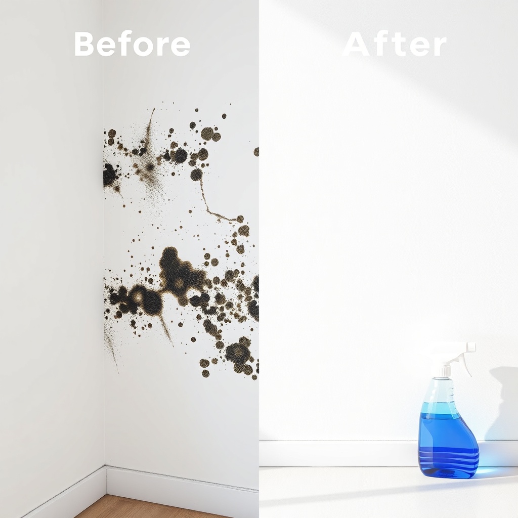 A photorealistic before-and-after split image of a white wall corner: left side shows dark