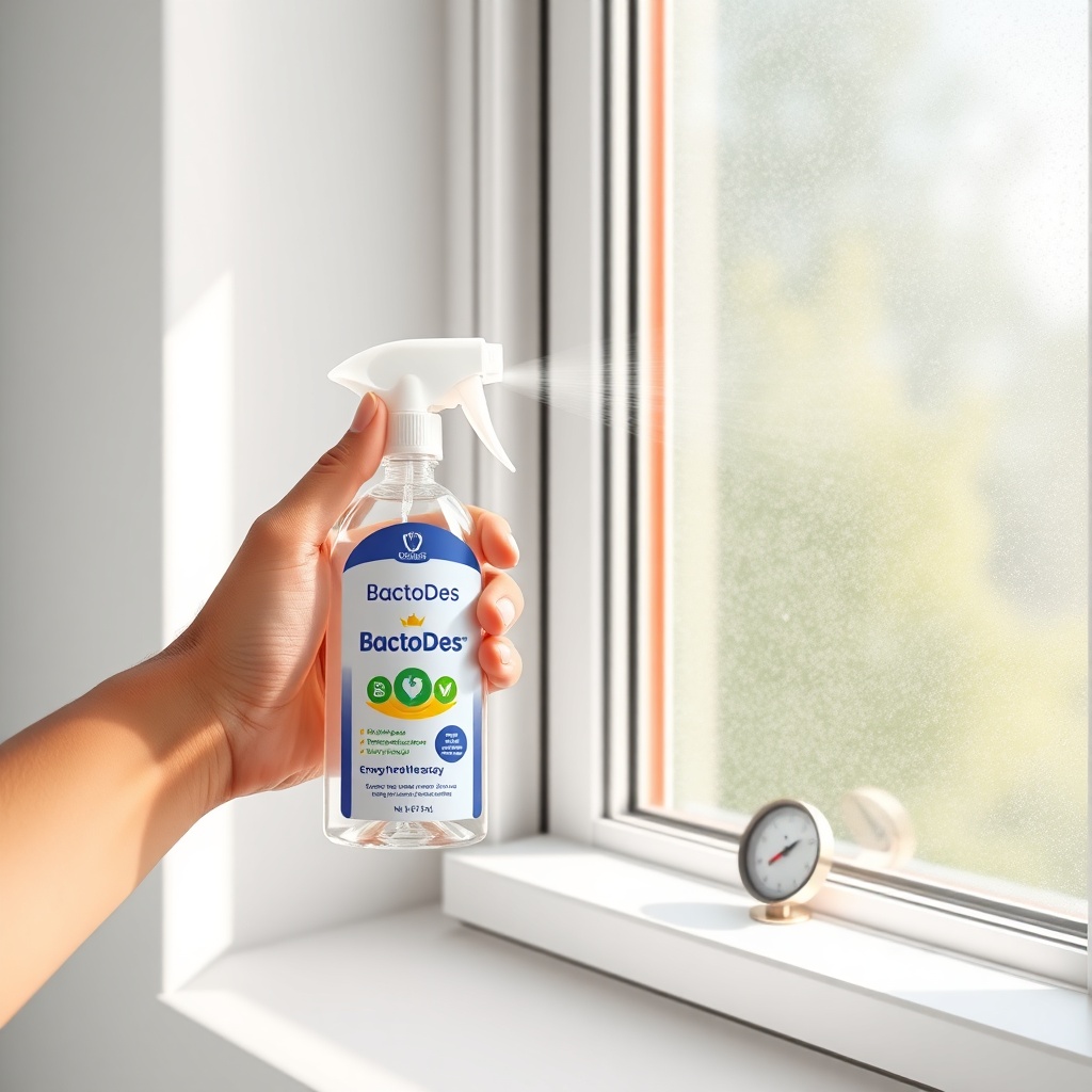 A photorealistic illustration showing a person holding a BactoDes spray bottle in one hand