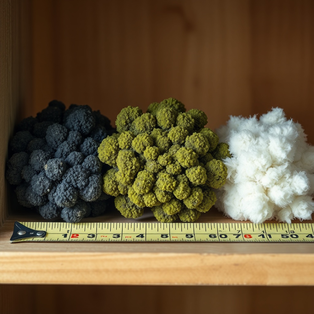 A macro photo showing three distinct mold colonies on a wooden shelf in a cellar – black