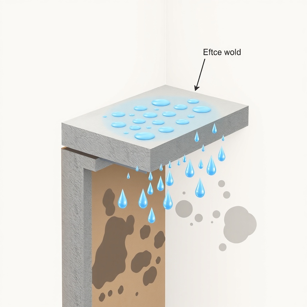 An illustration showing a cross-section of a wall with a thermal bridge: a concrete balcon