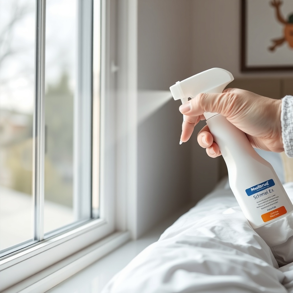A photorealistic close-up of Mellerud Schimmel-Ex spray bottle being applied to a clean wh