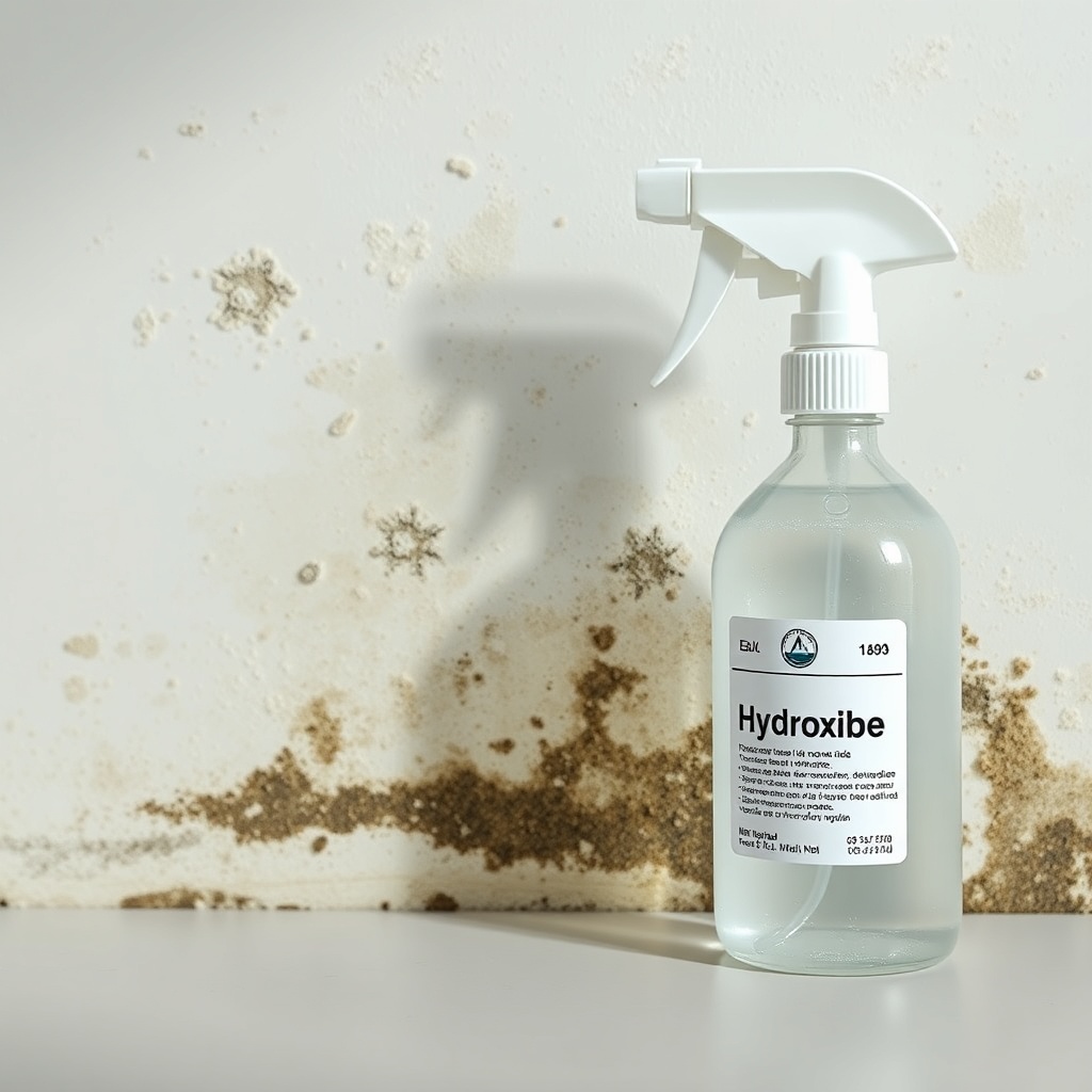 <clean photorealistic photo of a spray bottle with hydrogen peroxide next to a moldy wall