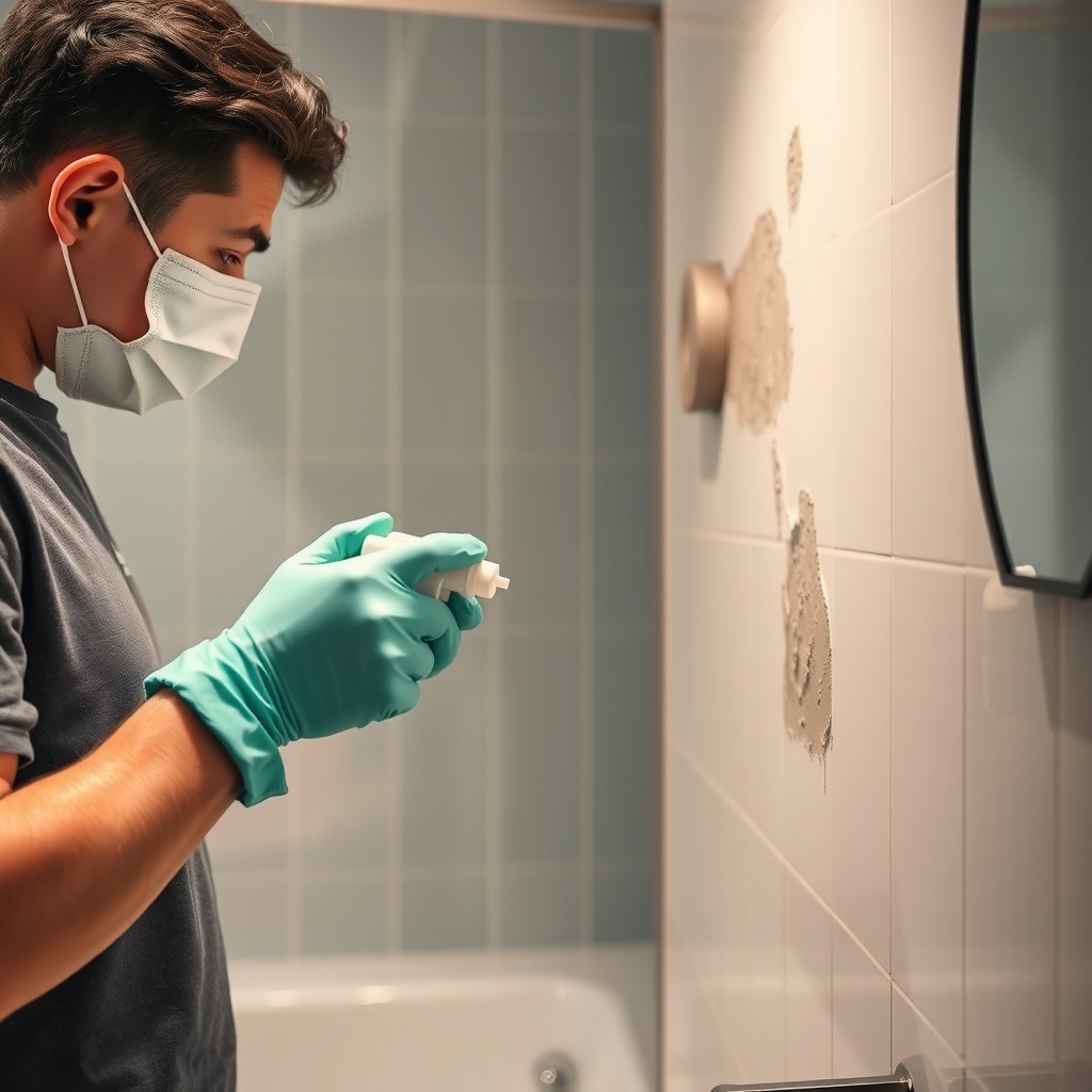 <clean photorealistic photo of a person wearing gloves and mask applying mold cleaner on a